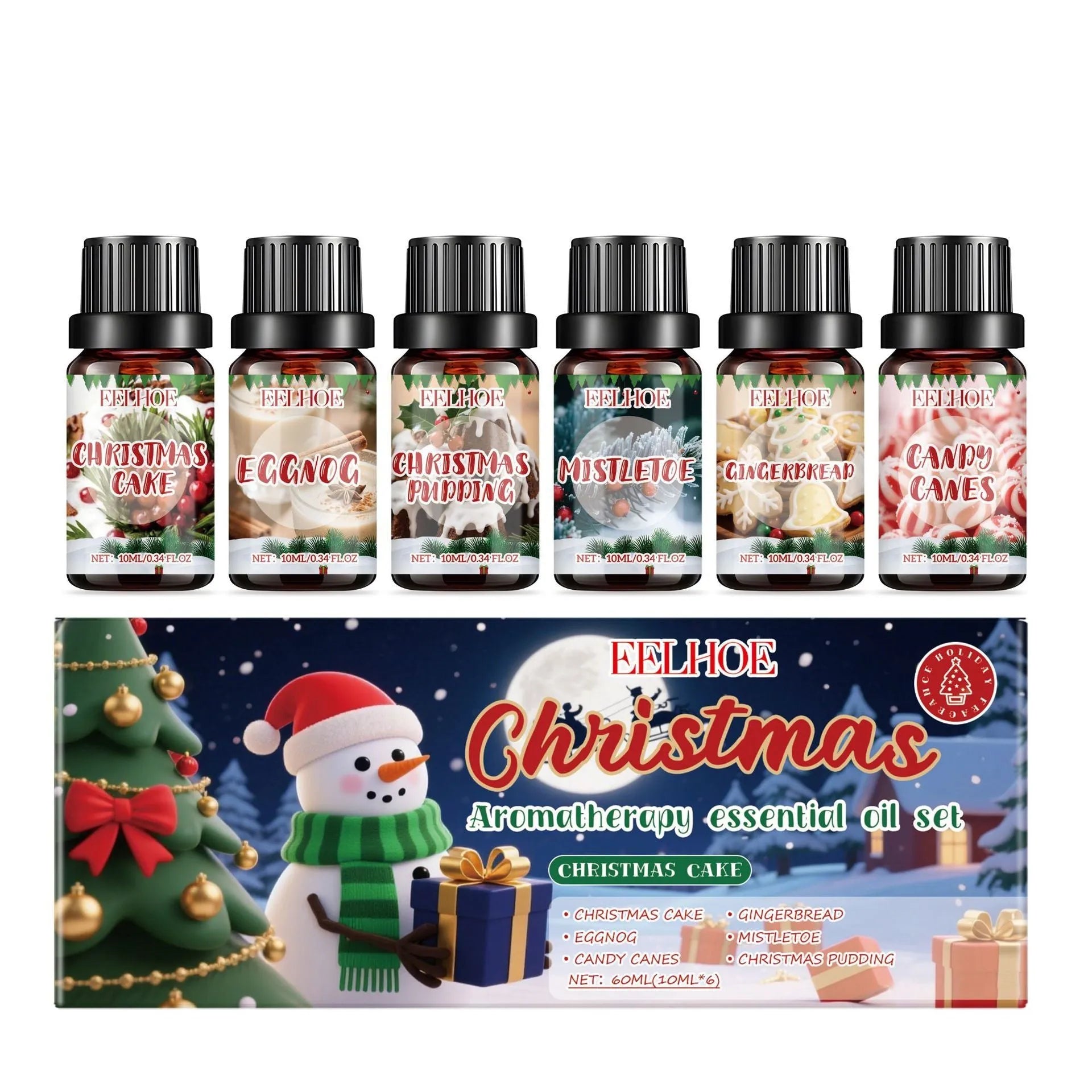 Christmas aromatherapy oil set showing 60ml bottle and six 10ml mini bottles with reed diffuser sticks