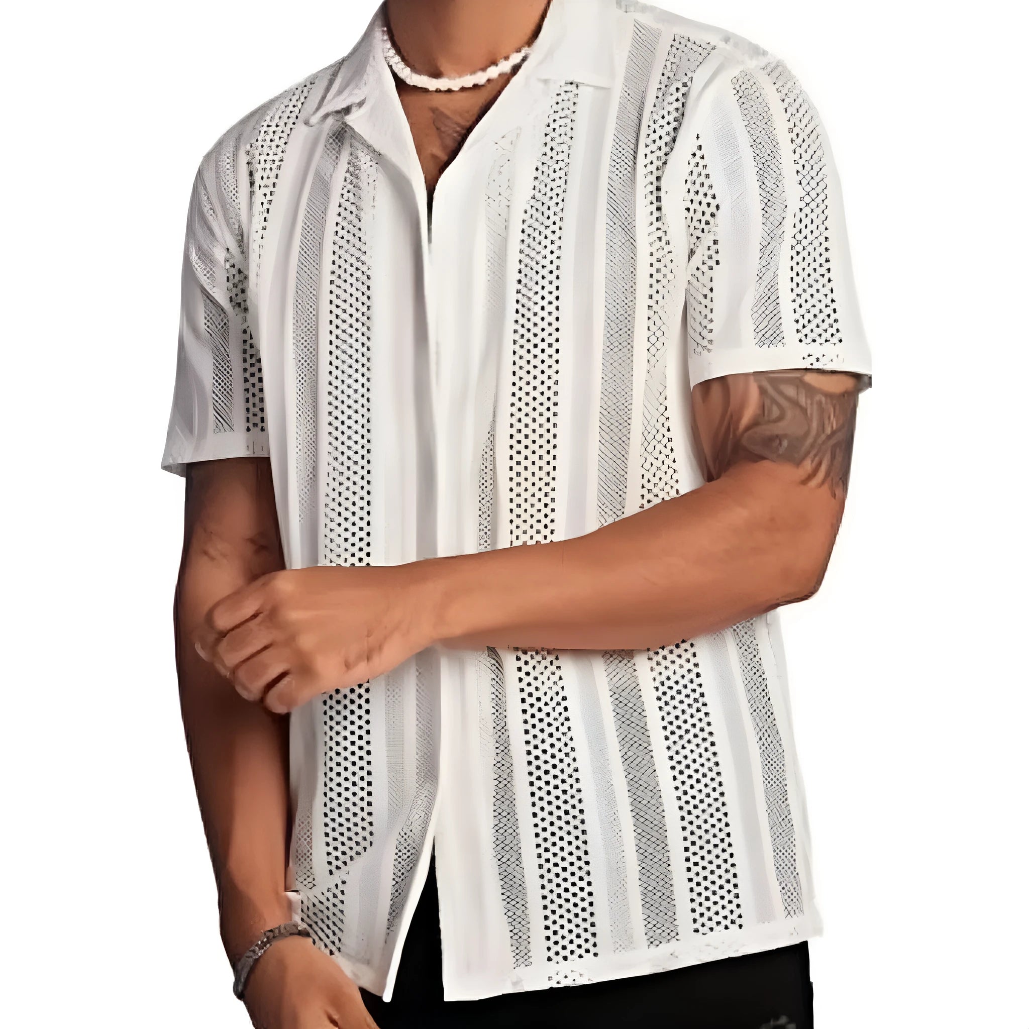 Men's black knitted short-sleeve shirt with jacquard texture and button cardigan design