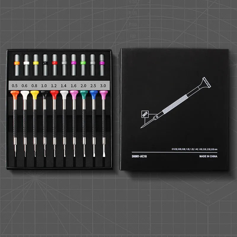 Boxed set of 10 precision screwdrivers and 20 spare bits for glasses and watch repair.
