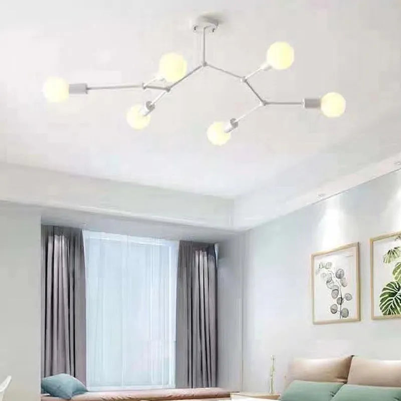 Iron Nordic style chandelier ceiling lamp with multiple light heads in black or white finish
