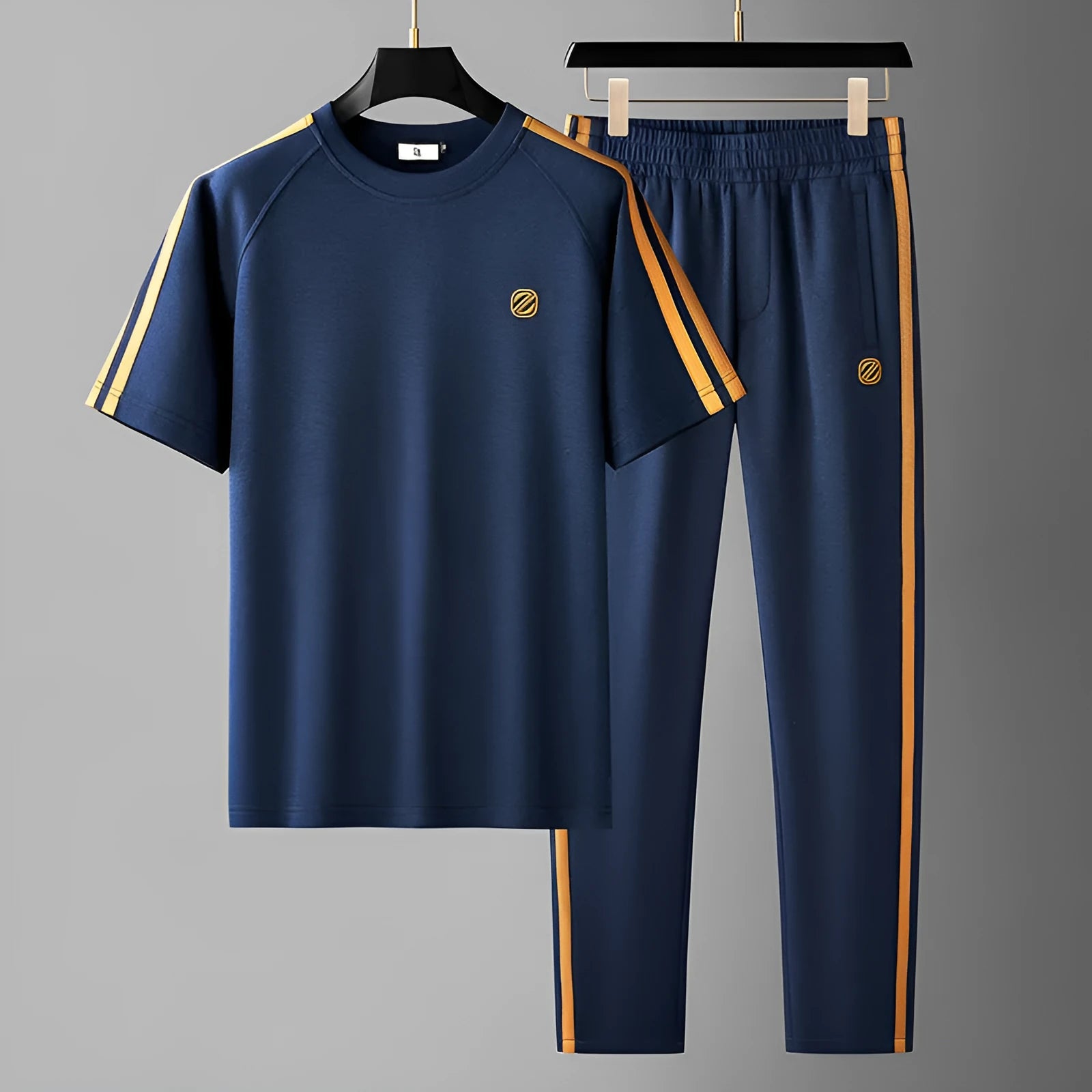 Men's ice silk style short sleeve sports suit in blue, apricot, or black with breathable polyester fabric