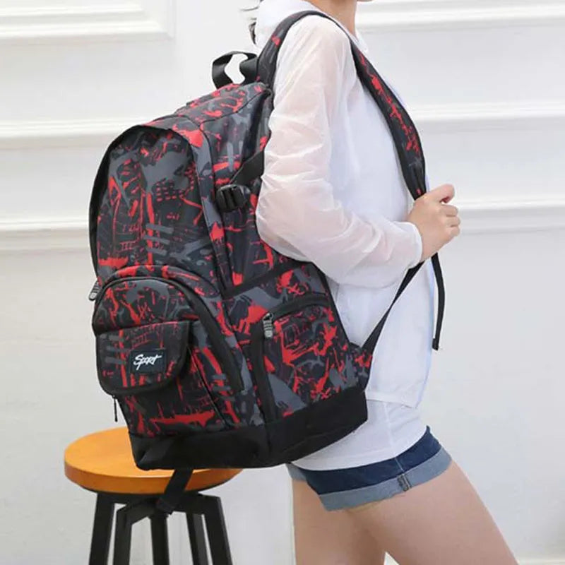Blue and red classic nylon backpack with large main compartment and front pockets