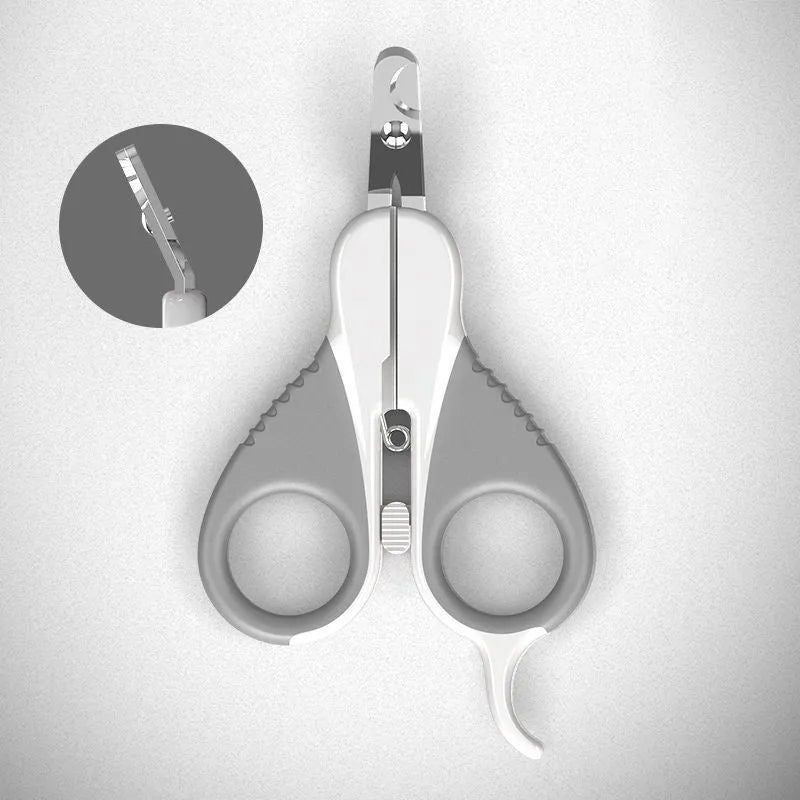 Grey and pink pet nail clippers with angled blade and safety lock for cats and small animals.