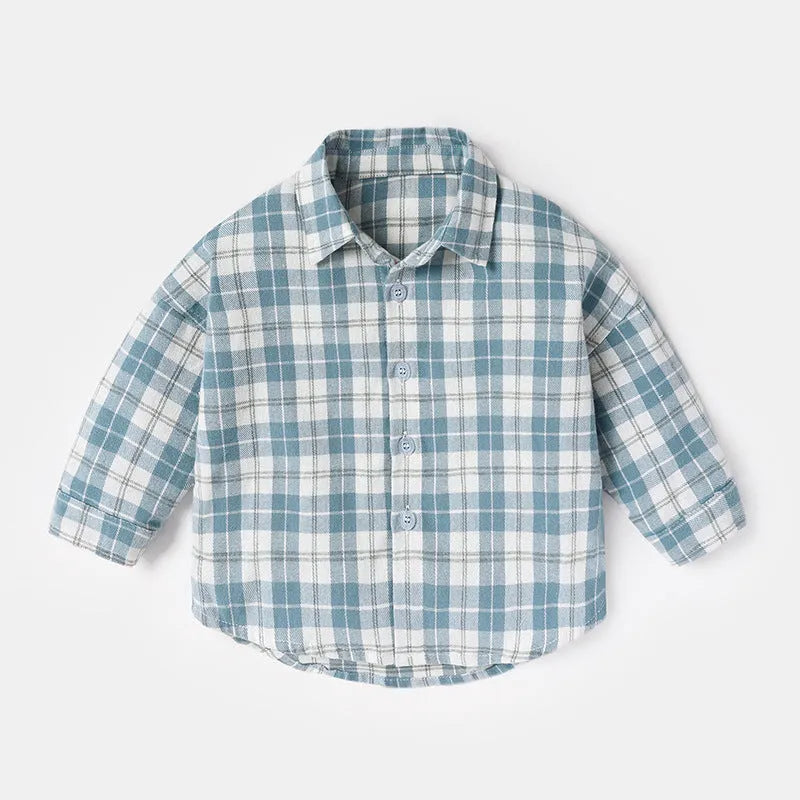 Boys' cotton lattice shirt with animal cartoon pattern in light blue, showing long sleeves and casual style.