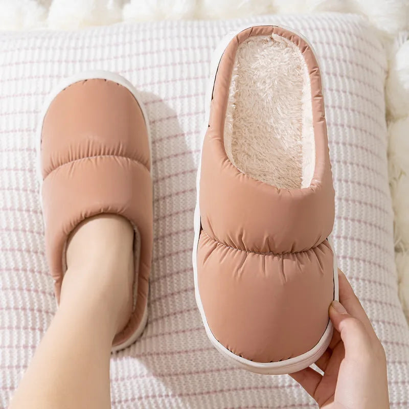 Down cotton slippers with thick rubber soles and artificial leather uppers in multiple colours