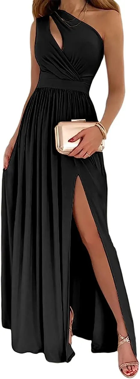 Women's one shoulder high split cocktail maxi dress in soft fabric