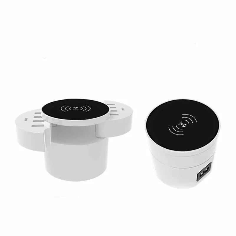 Ceramic white circular wireless charger with multiple adapters and 1.5 metre cable