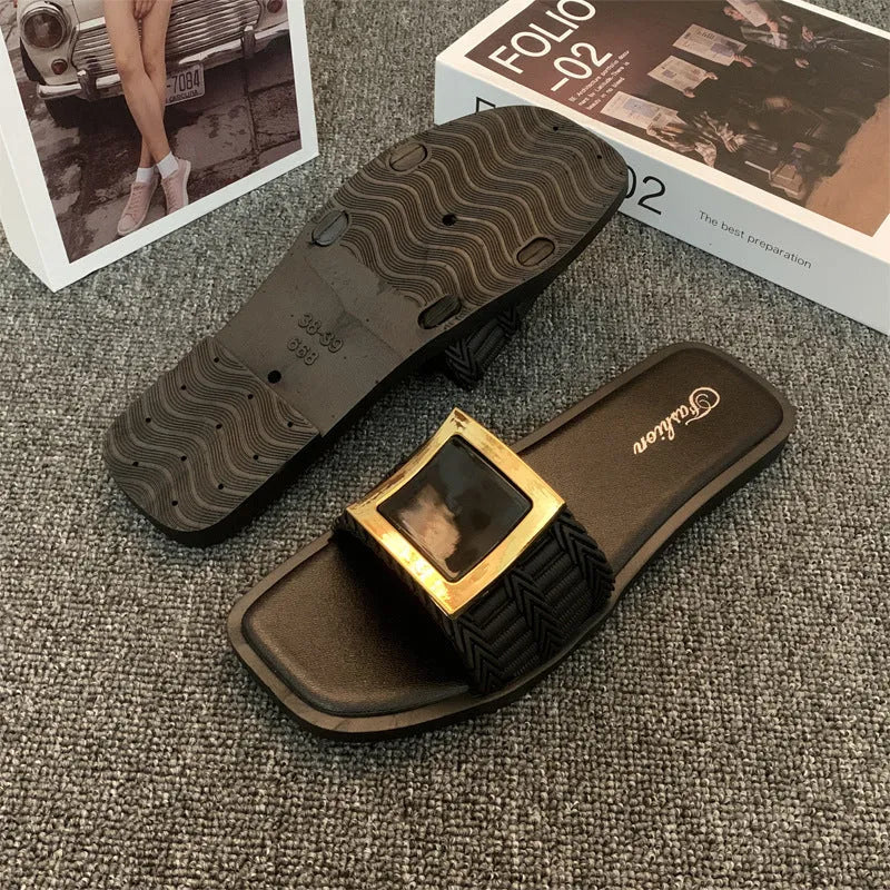 Women's casual summer flat slippers in apricot, black, or khaki with waterproof PVC soles