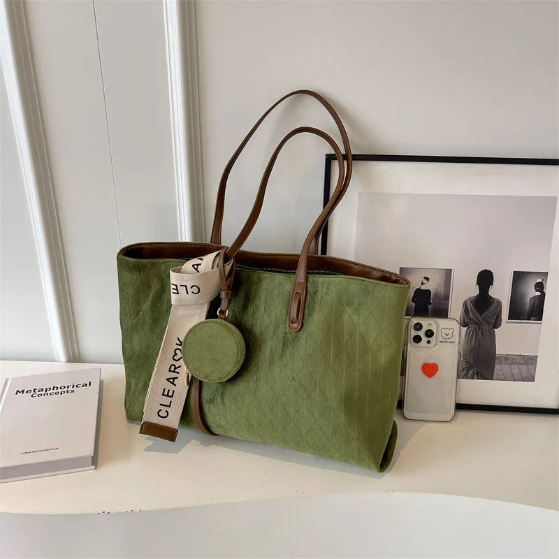 Large capacity soft polyester shoulder tote bag in horizontal square shape with sandwich pockets