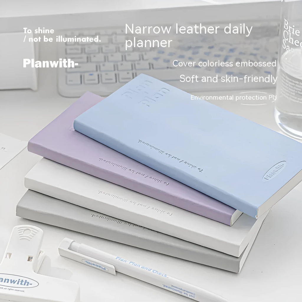 Embossed meter book notebook open showing white 100g paper, with blue, grey, purple, and white cover options.