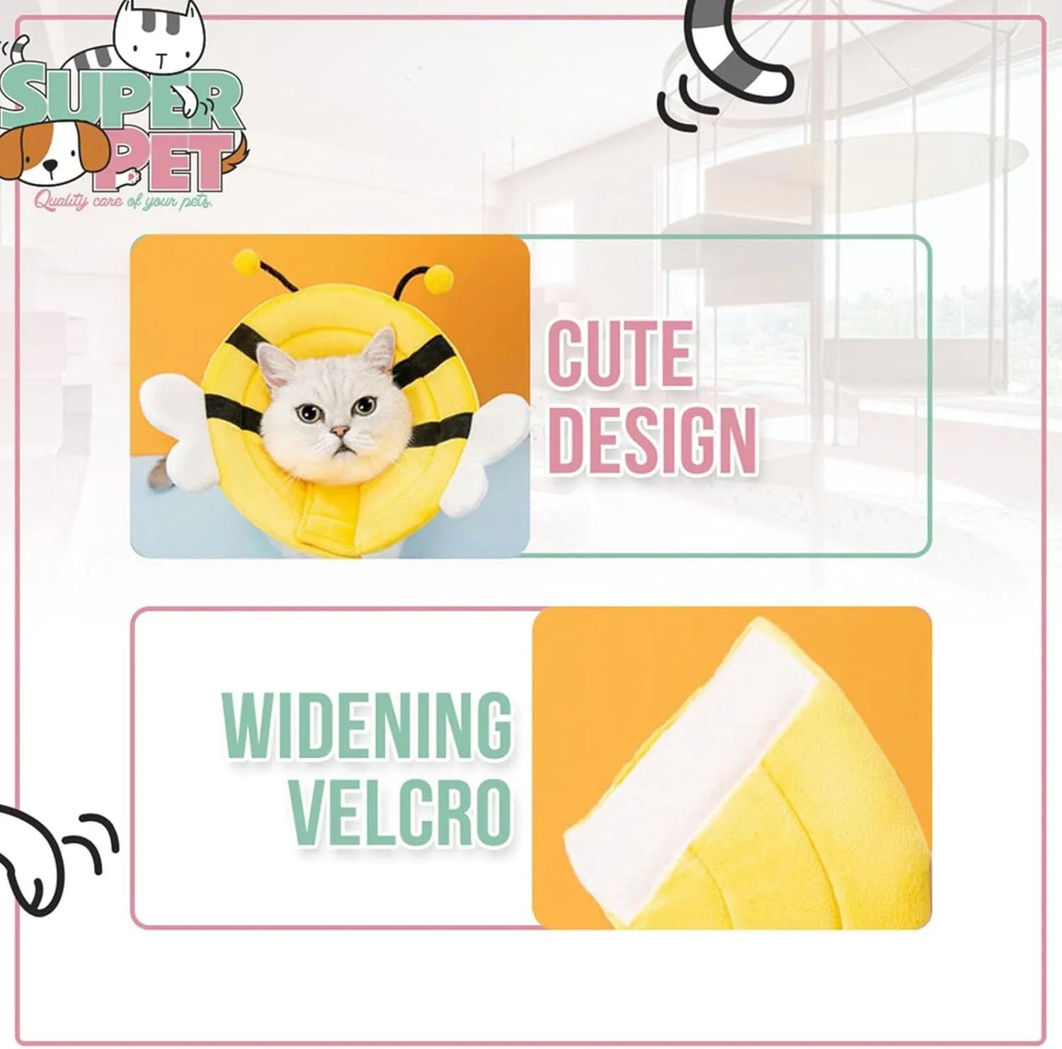 Soft bee design cat cone collar with adjustable Velcro closure for pet protection