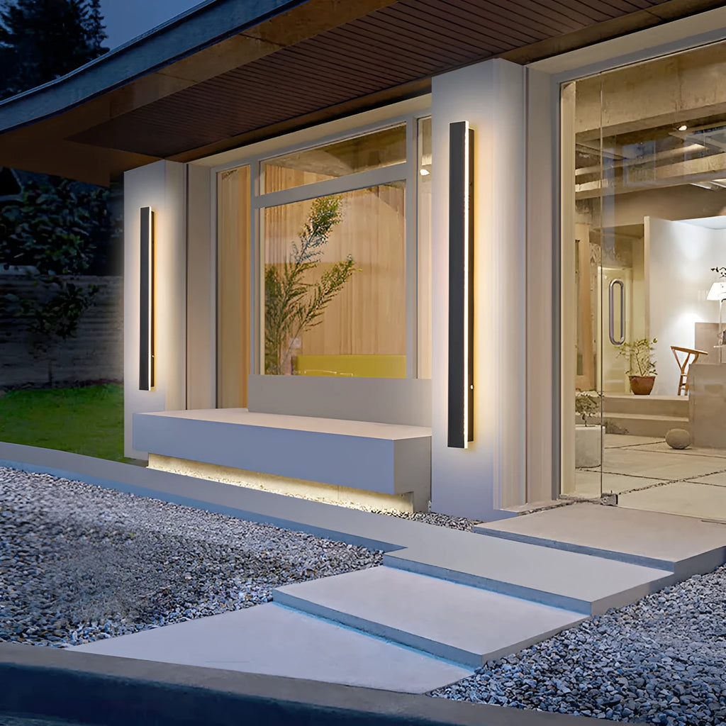 150cm long straight outdoor LED wall light with black wrought iron housing and IP65 waterproof rating.