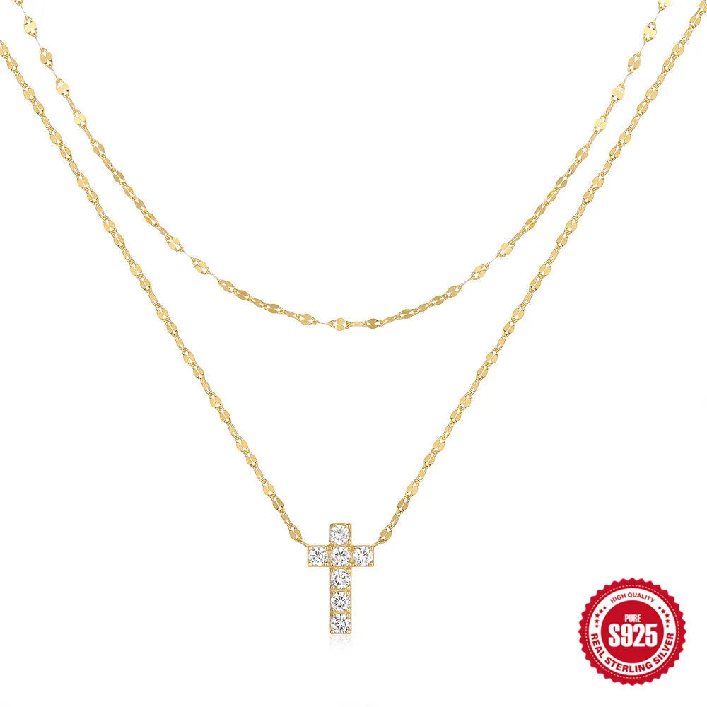 S925 Sterling Silver necklace with a geometric double-layer cross pendant featuring twin diamond detailing.