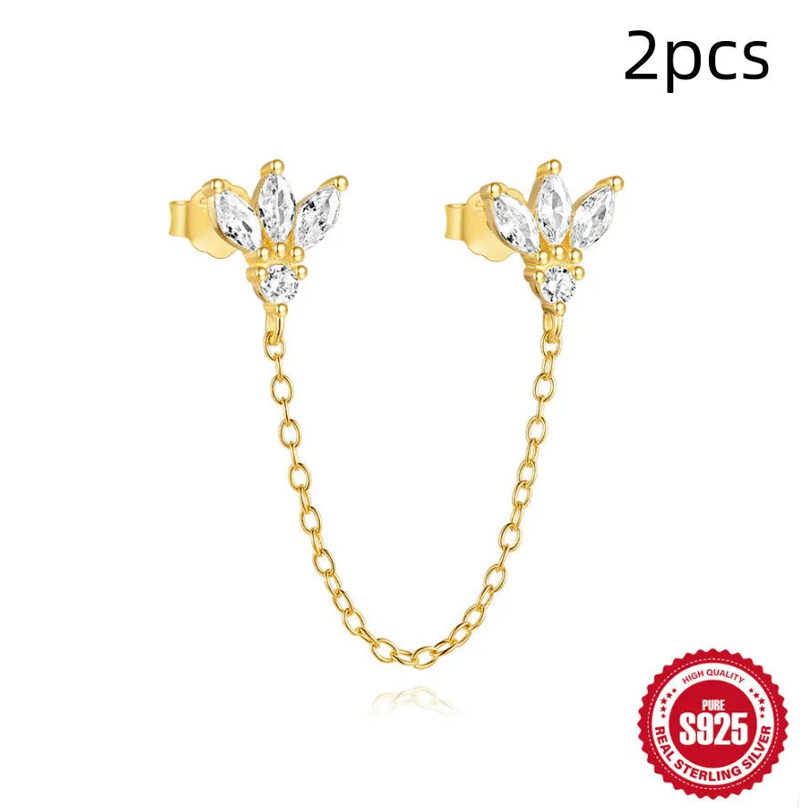 S925 sterling silver double ear piercings stud earrings with zircon inlaid chain in golden geometric designs