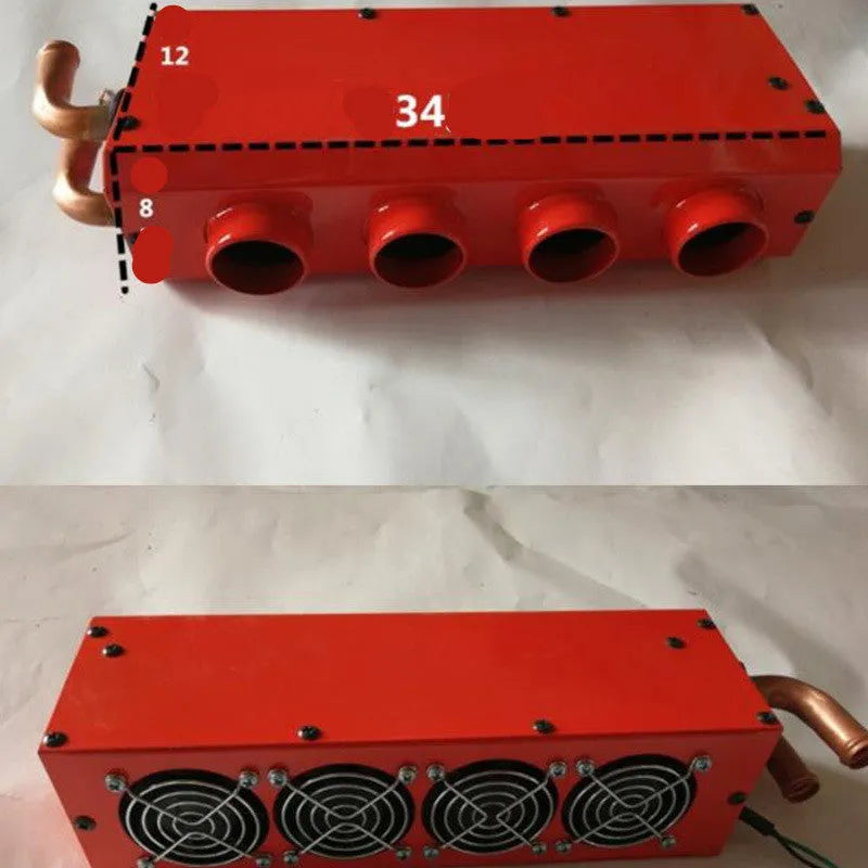 Metal car heater unit with copper pipe connections for 12V and 24V vehicle installation.