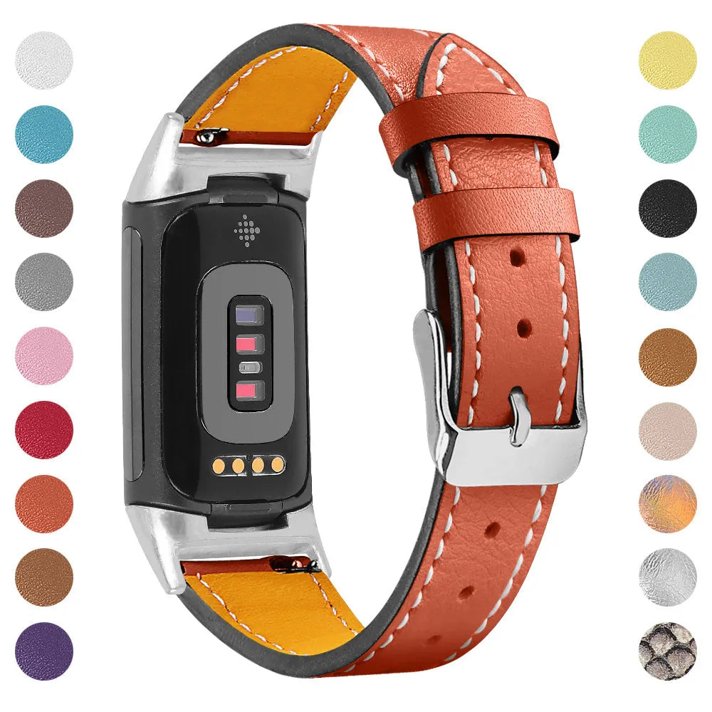 Genuine cowhide leather strap for Fitbit Charge 5 and Charge 6 smartwatch in multiple colour options.