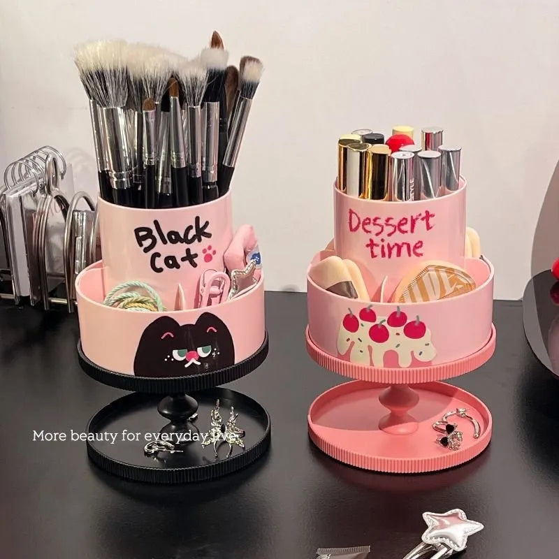 Japanese-style rotating cosmetic brush storage barrel with removable organiser rack in beige colour