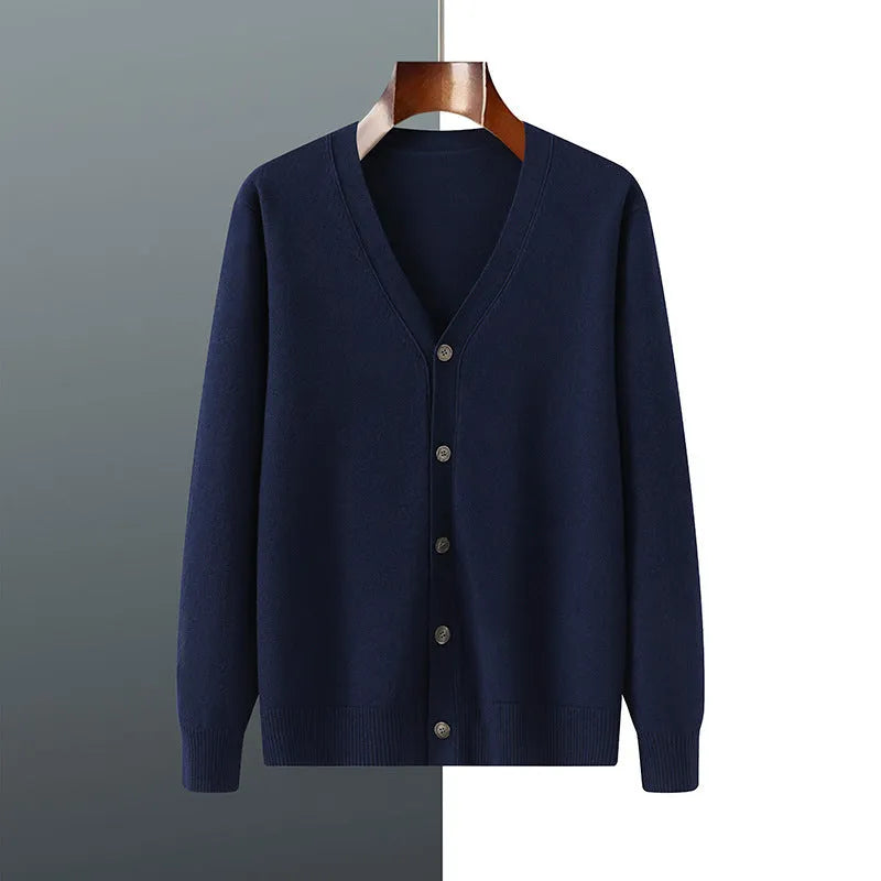Men's V-neck cardigan coat in Andy velvet fabric showing loose fit and long sleeve design