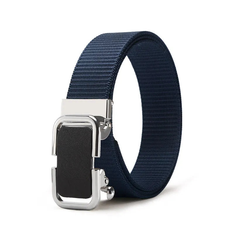 Men's nylon canvas belt in army green with an alloy buckle, laid flat showing 120cm length.