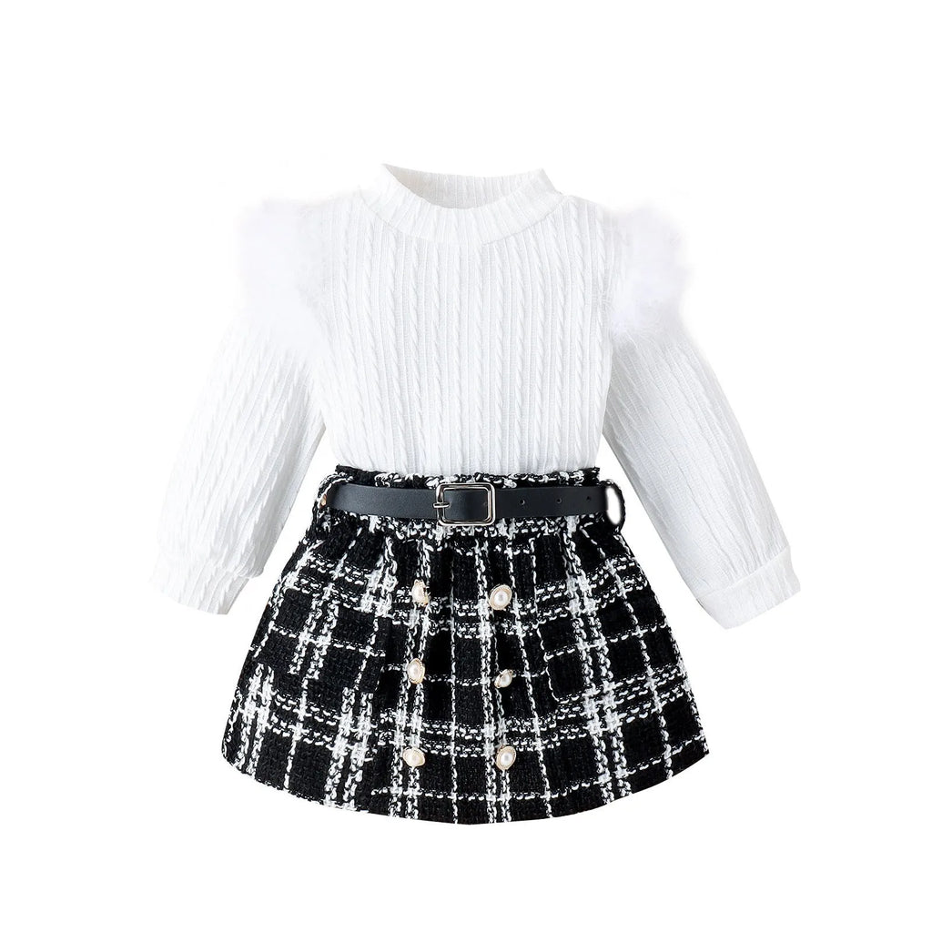 White girls' three-piece suit with furry cotton top, woolen fabric skirt, and belt for autumn winter