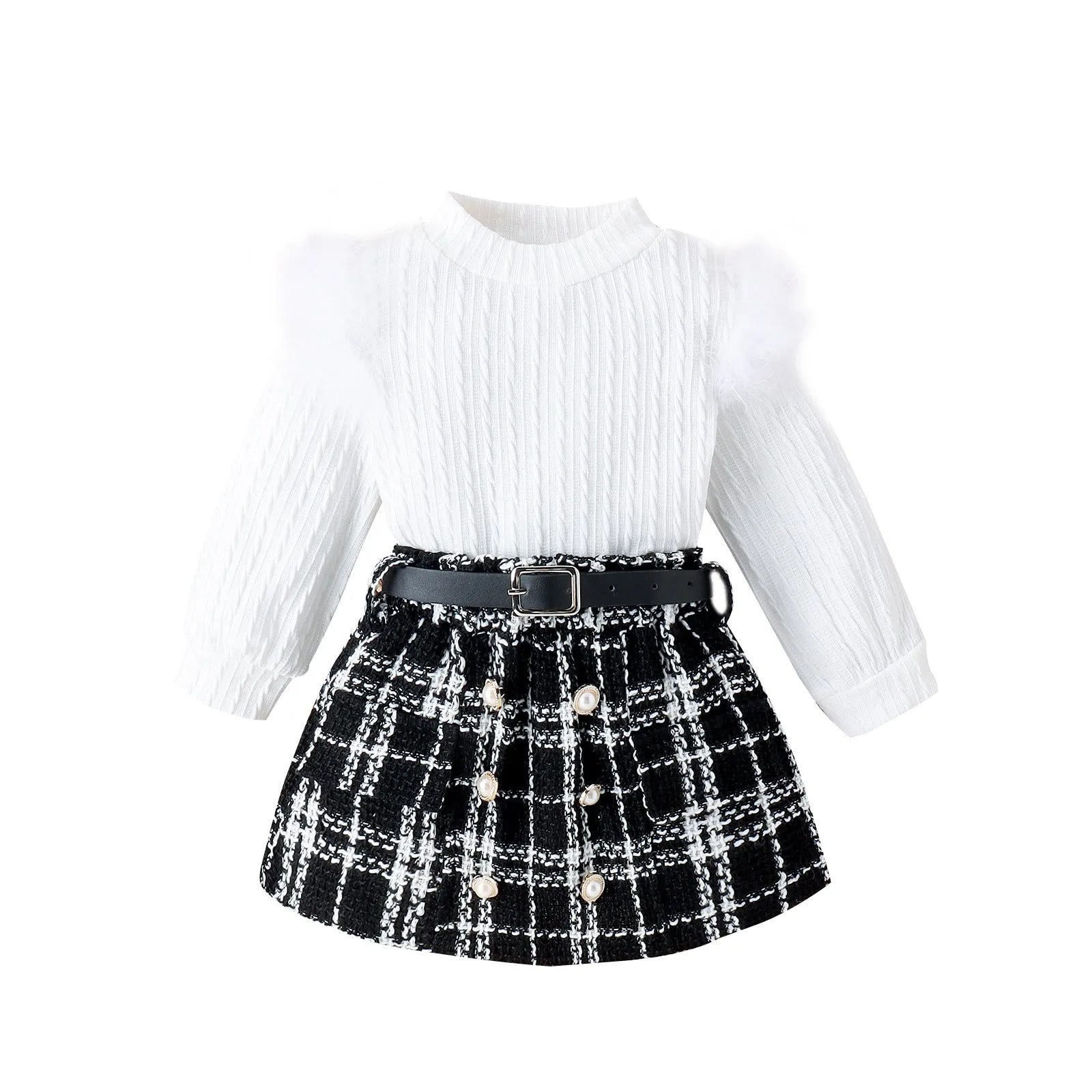White girls' three-piece suit with furry cotton top, woolen fabric skirt, and belt for autumn winter