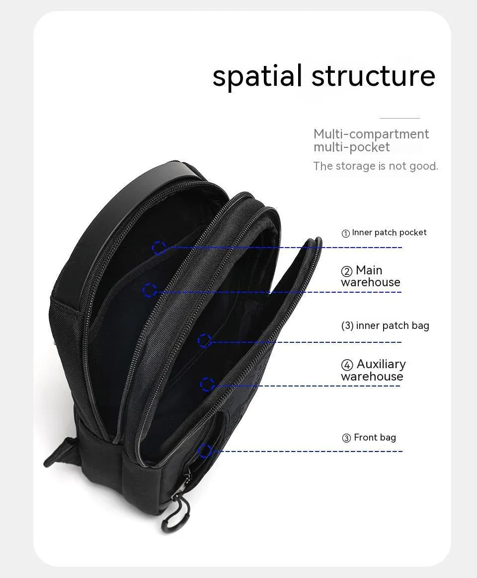 Casual black TPU chest pack with landscape camouflage pattern and interior phone pocket