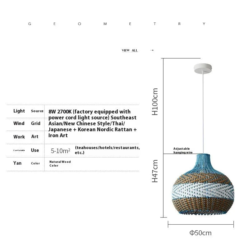 Vine woven rattan pendant lamp with natural textured shade in Southeast Asian tea room style