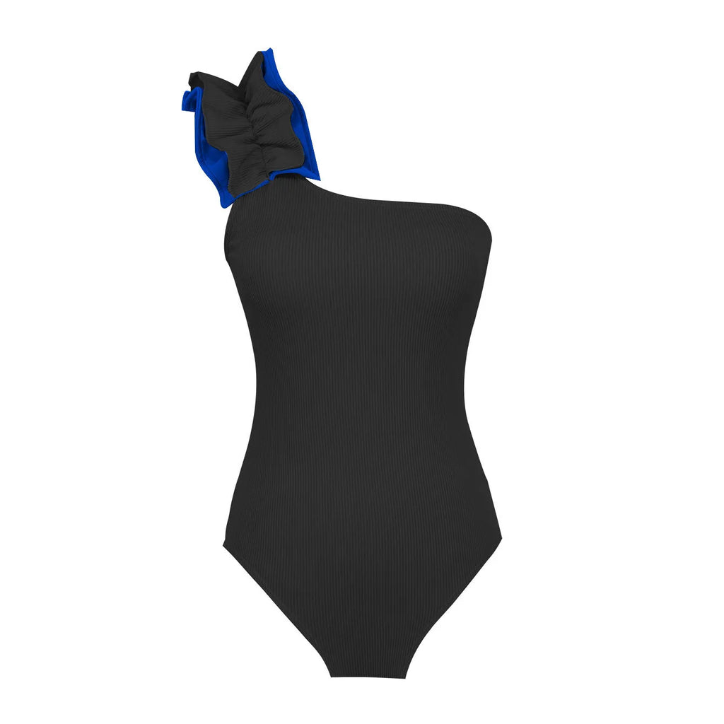 Women's single-shoulder suspender one-piece swimsuit with high waist design in solid colour