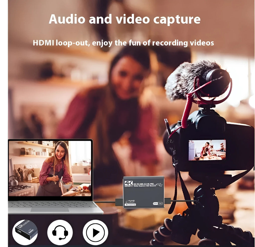 Black 4K gaming set-top box for USB audio recording with MS2131 chip and data cable.