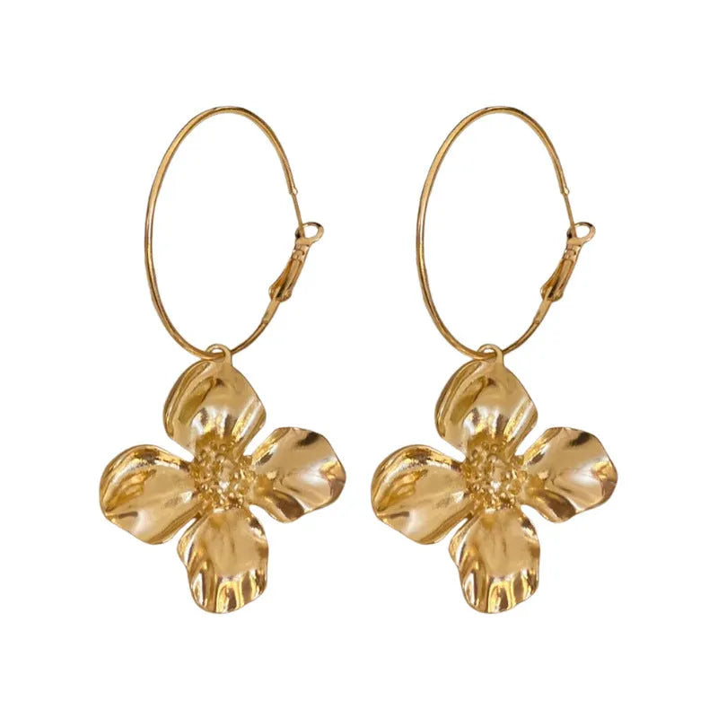 Metal flower geometric earrings with silver needle detail in gold or silver electroplated finish