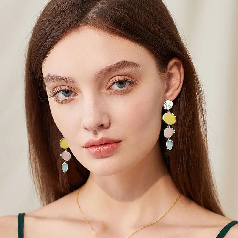 Morandi three-colour drip oil wafer earrings with sterling silver alloy construction and vintage style