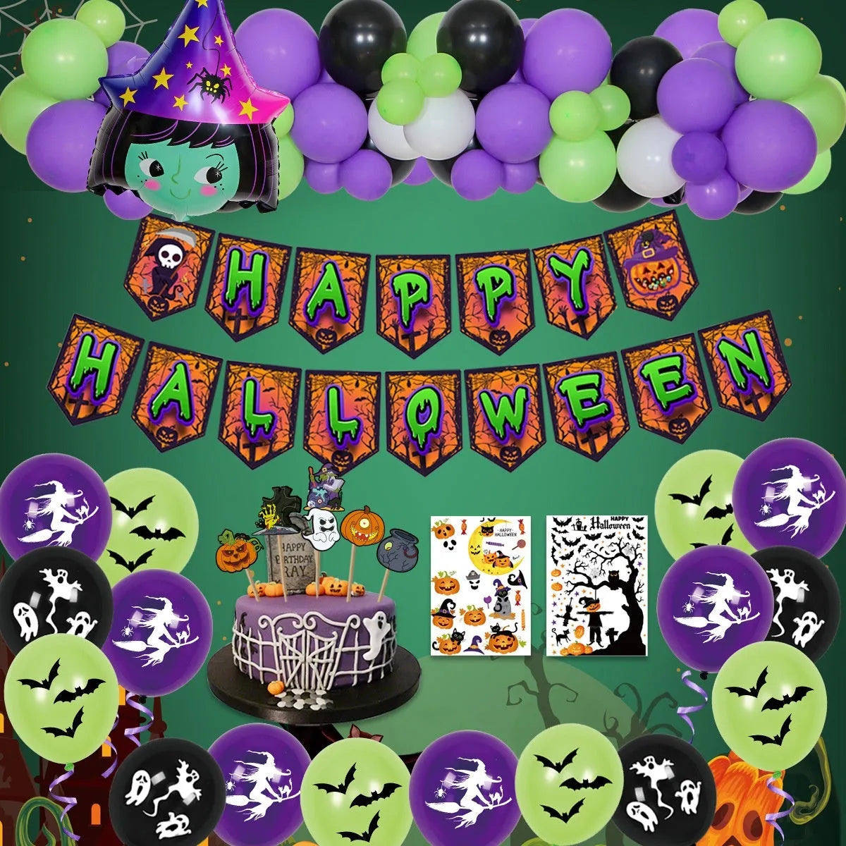 Halloween balloon combo set showing spider arch with black and white pumpkin and skull balloons