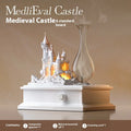 White composite gypsum medieval castle aromatherapy machine with USB charging port on wooden table