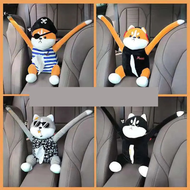 Plush car hanging tissue box in Captain Dog design, approximately 26 x 35 cm, with soft fabric finish
