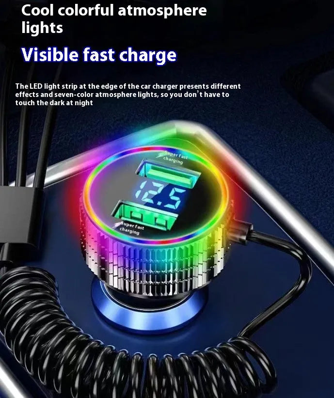Fast charging car phone charger with three-in-one cable, light-level indicator, metal and plastic construction, 320W Black
