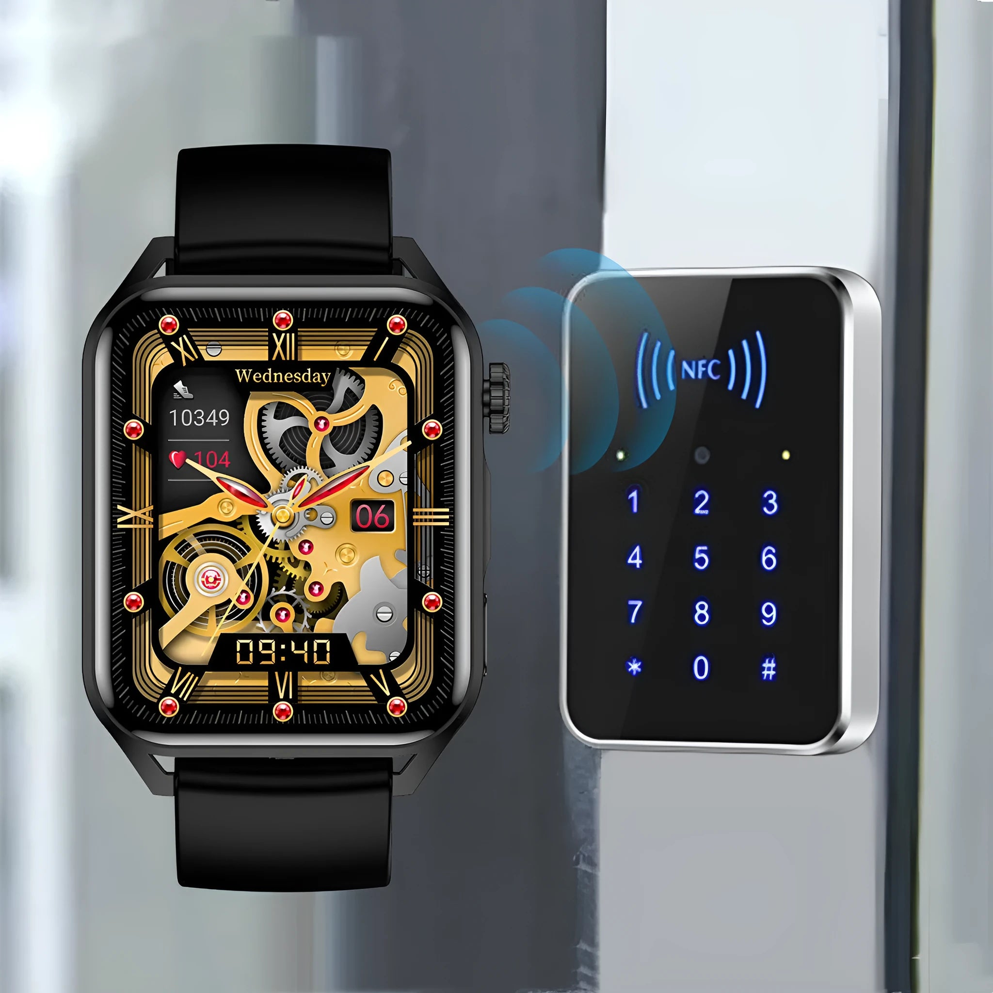 HD AMOLED smart watch with NFC on silicone strap showing multi-dial display