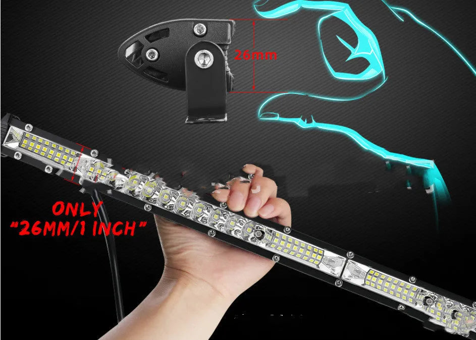 Ultra-thin single row white LED light bar for vehicle roof or bumper in three length options.