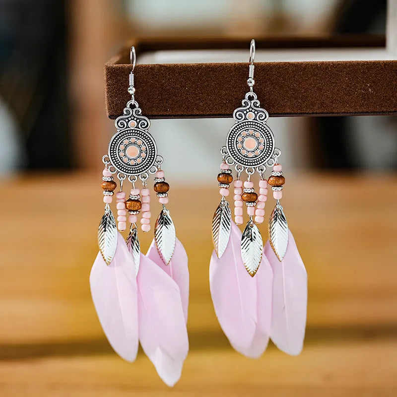 Feather pattern drop earrings with round oil craft design in alloy with electroplated finish