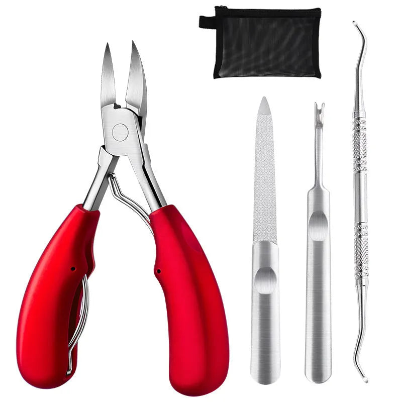Stainless steel nail clipper with red ABS handle and red trumpet attachment