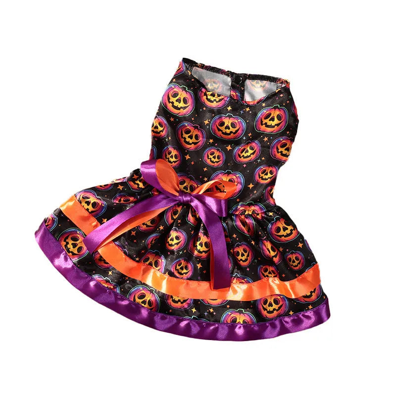 Halloween dog skirt with colourful pumpkin and skull designs in double-layer polyester fabric