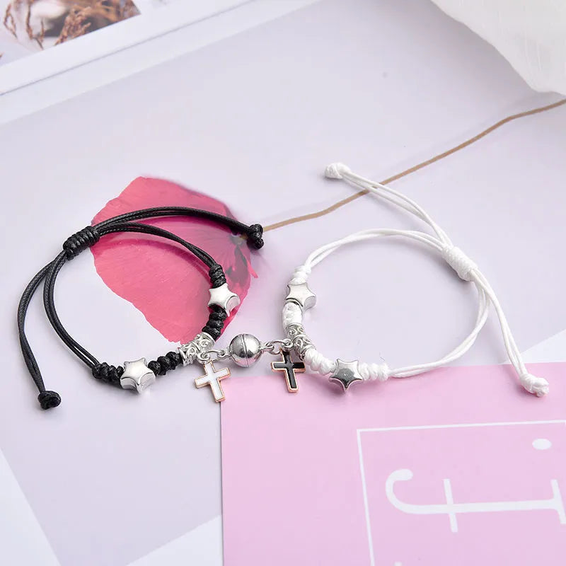 Magnetic couple bracelets with crown and diamond designs in alloy electroplated construction