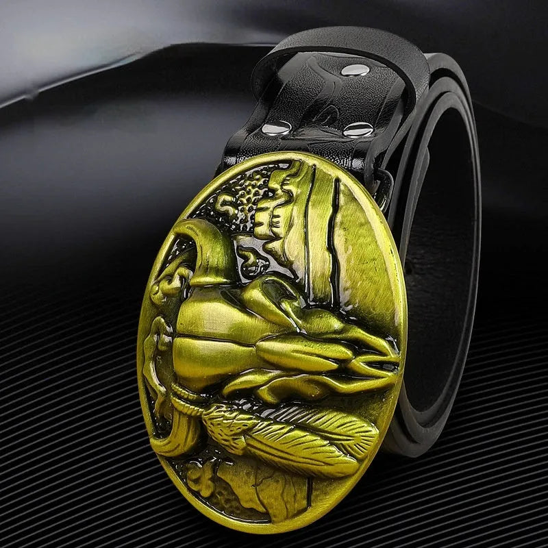 Men's brown leather-look belt with a detailed metal cow head buckle showing carved and embossed details.