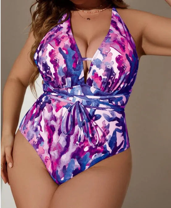 Women's halter bikini swimsuit in solid purple colour with European-American styling and briefs design