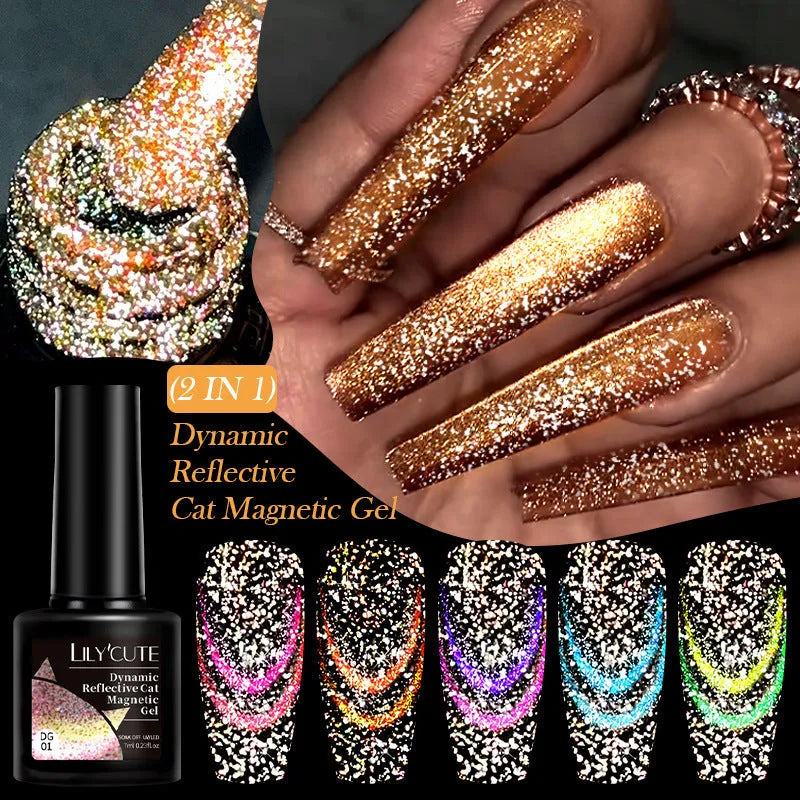 Cat eye nail polish gel with glitter and diamond fragments in six colour variations numbered 01 to 06