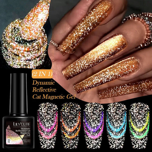 Cat eye nail polish gel with glitter and diamond fragments in six colour variations numbered 01 to 06