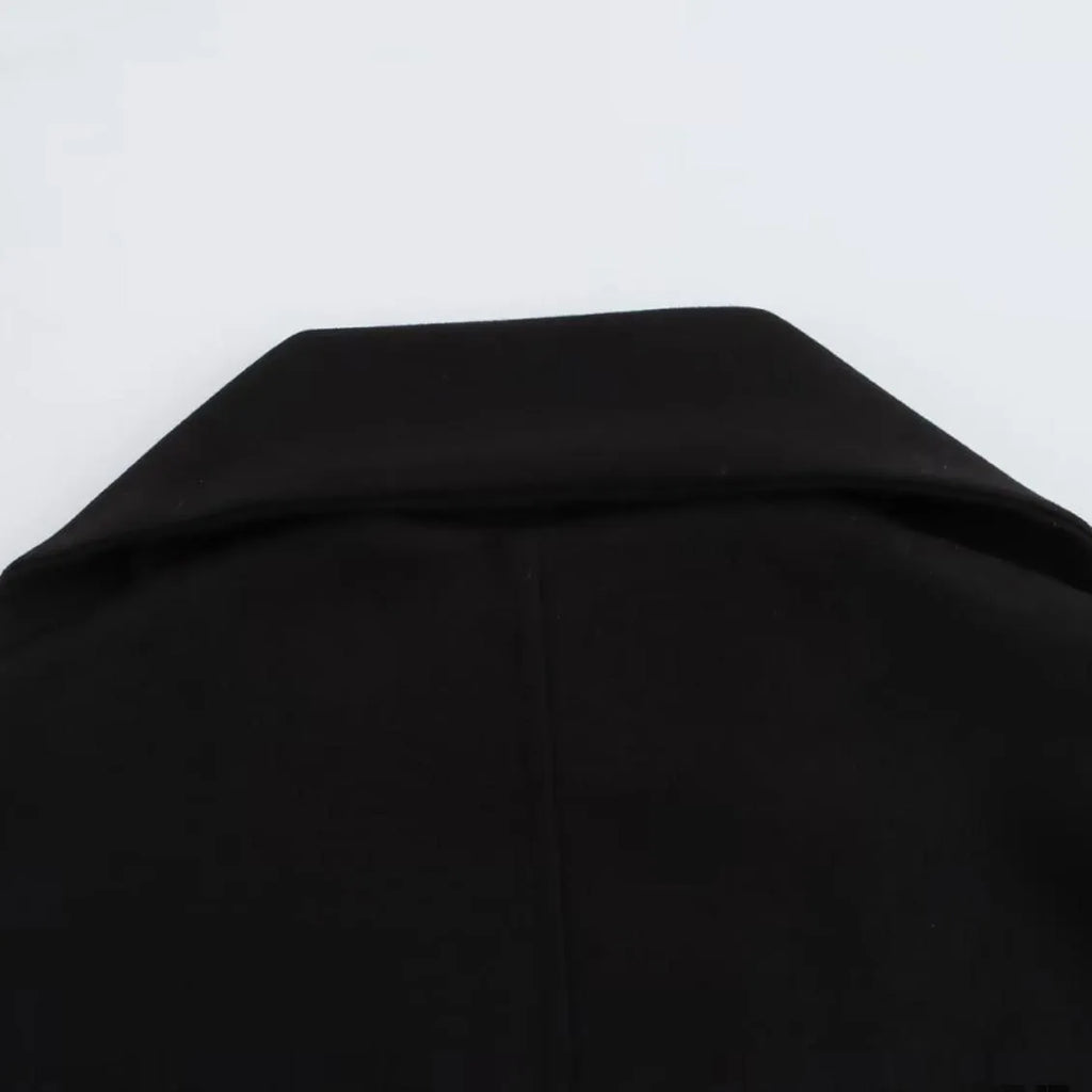 Women's long black overcoat with artificial fur collar, pockets and extended 100cm length