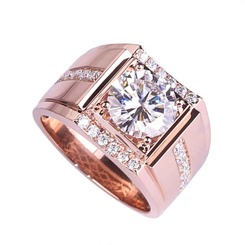Men's geometric adjustable copper ring with high-carbon diamond zircon stones in an electroplated finish.