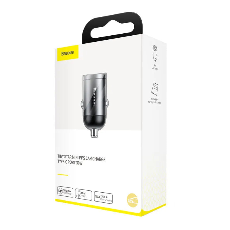 Baseus electro-optical grey 30W PPS fast car charger with 1-metre USB cable