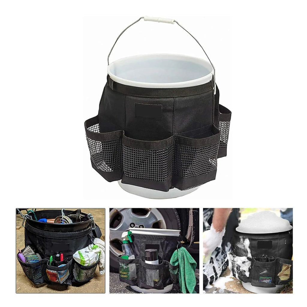 Black cylindrical polyester hanging storage bag fitted on a 5 gallon drum, holding car washing tools.