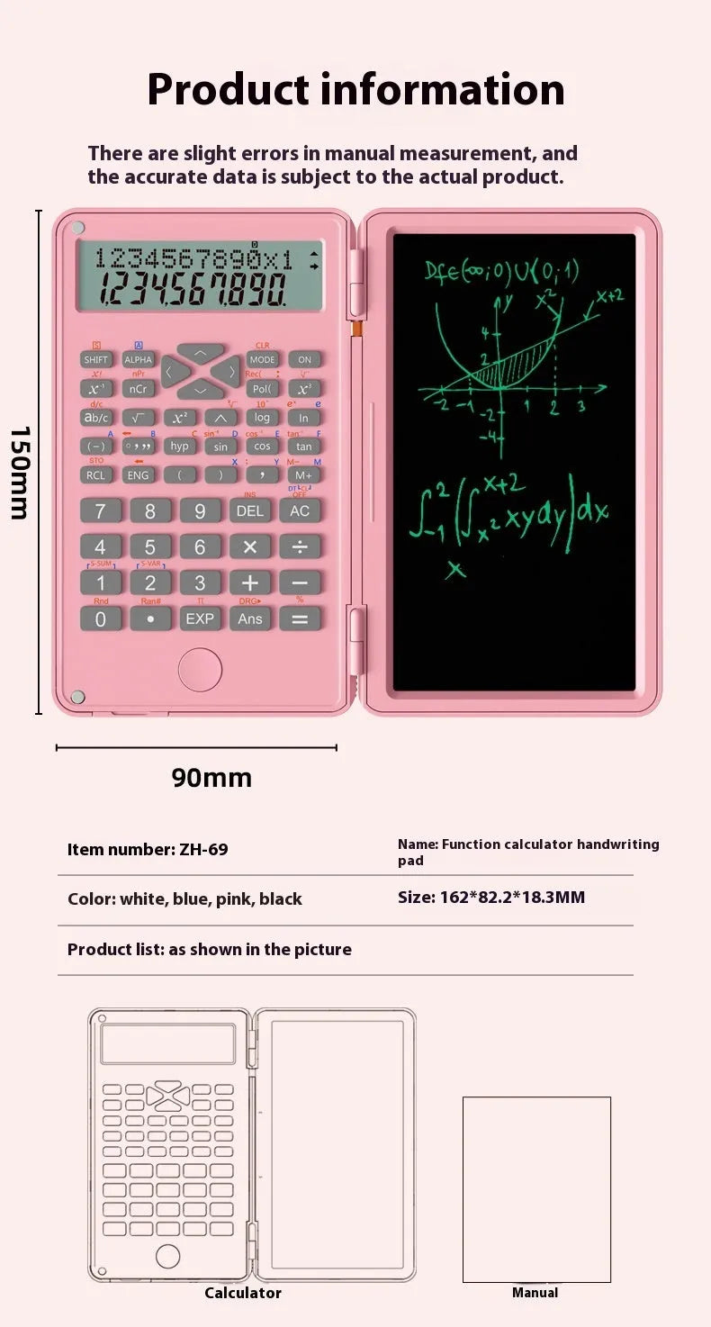 Plastic scientific calculator with handwriting board in black colour, measuring 162 x 82.2 x 18.3mm